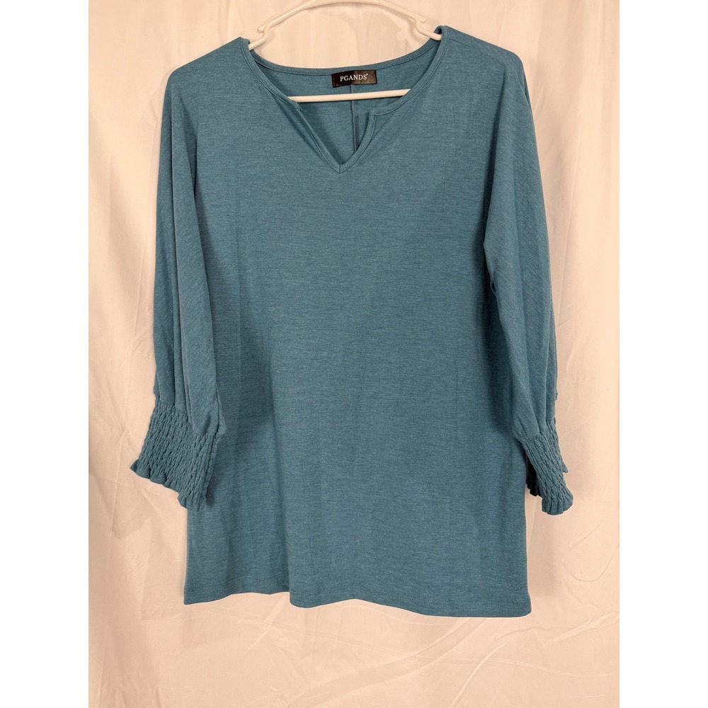 PGANDS Womens Teal Blue Smocked Cuff Notched V-Neck Long Sleeve Top Small NO.001